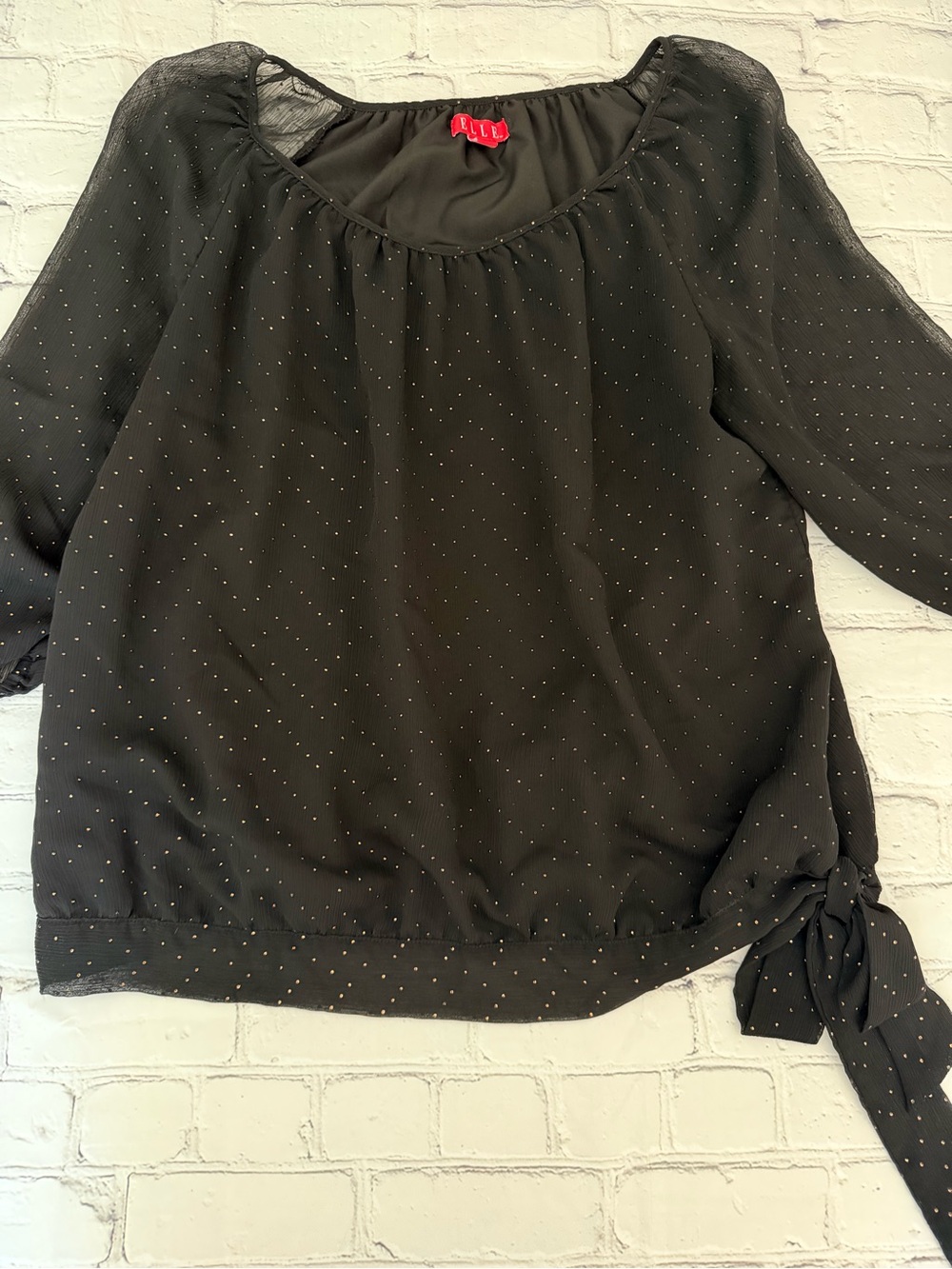 Elle Black Gold Sequin Top with Side Tie Sheer Sleeves Scoop Neck XL